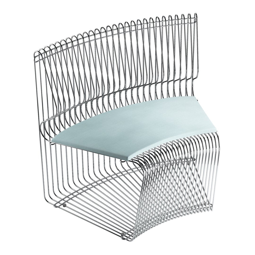 Modern wire chair with sleek chrome finish and soft mint green seat, featured in a minimalist design.