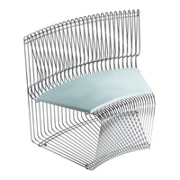 Modern wire chair with sleek chrome finish and soft mint green seat, featured in a minimalist design.