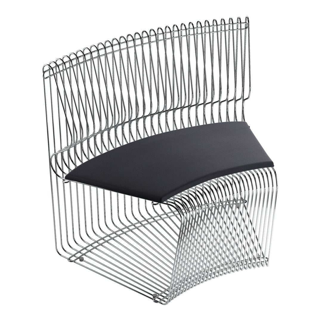 Sleek black seat with intricate silver wireframe design, creating a modern, minimalist aesthetic.