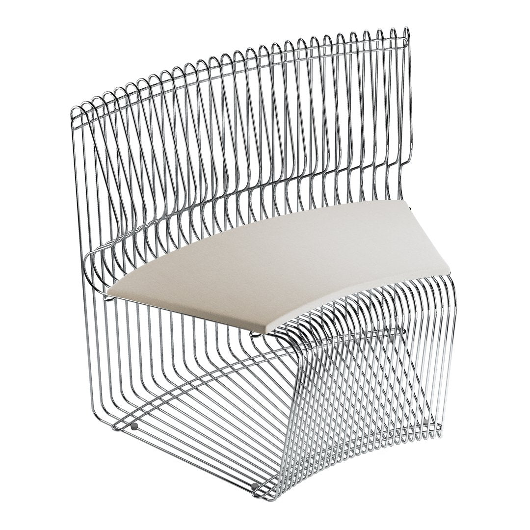 Modern wire chair with a sleek silver finish and a minimalist white seat, featuring a unique curved pattern.