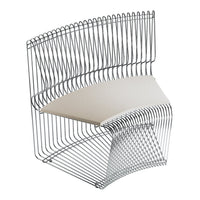 Modern wire chair with a sleek silver finish and a minimalist white seat, featuring a unique curved pattern.