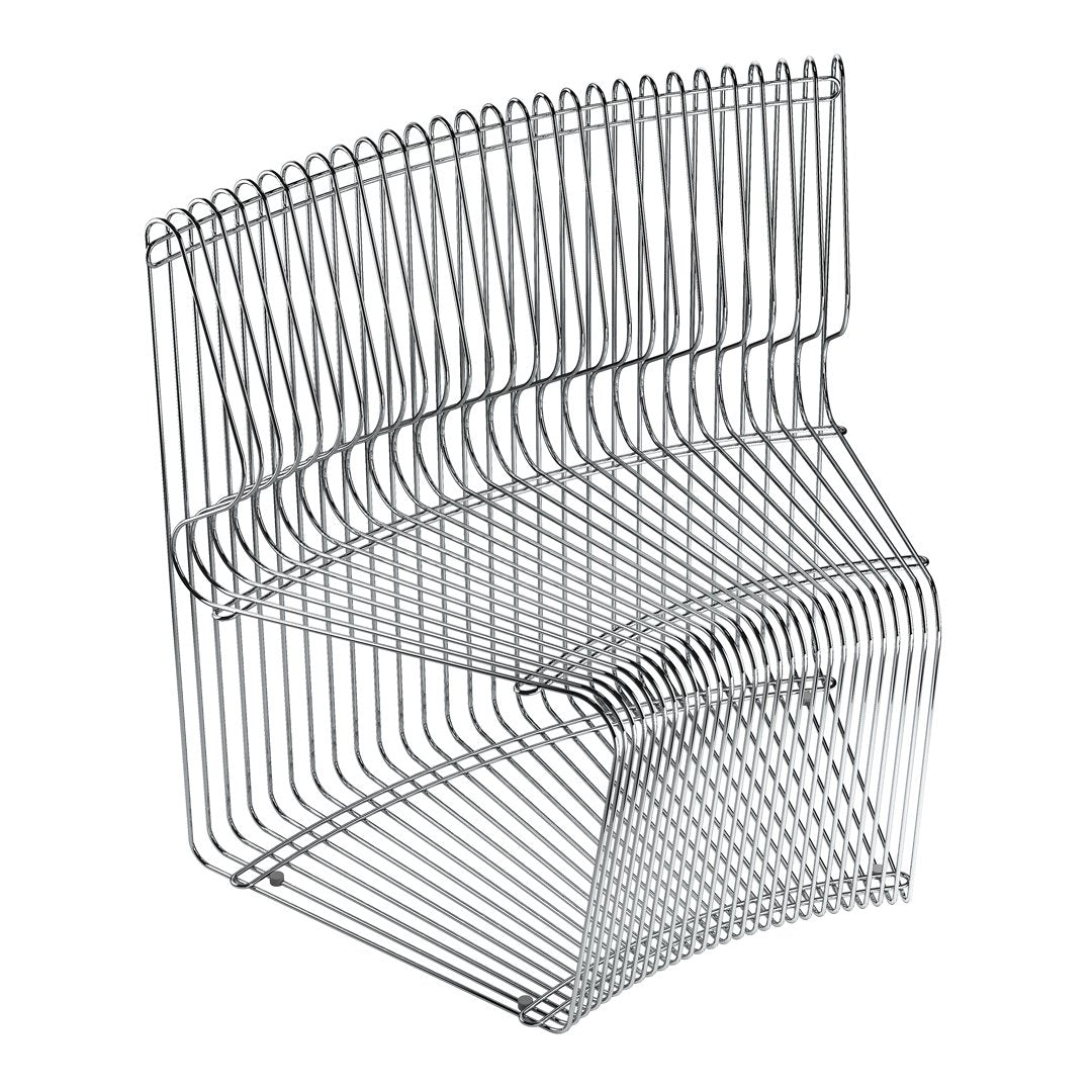 Silver wire chair with a modern zigzag pattern and sleek lines, offering a unique contemporary design.