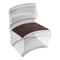 Modern wire chair with sleek silver lines and a rich brown leather seat, featuring a unique curved design.