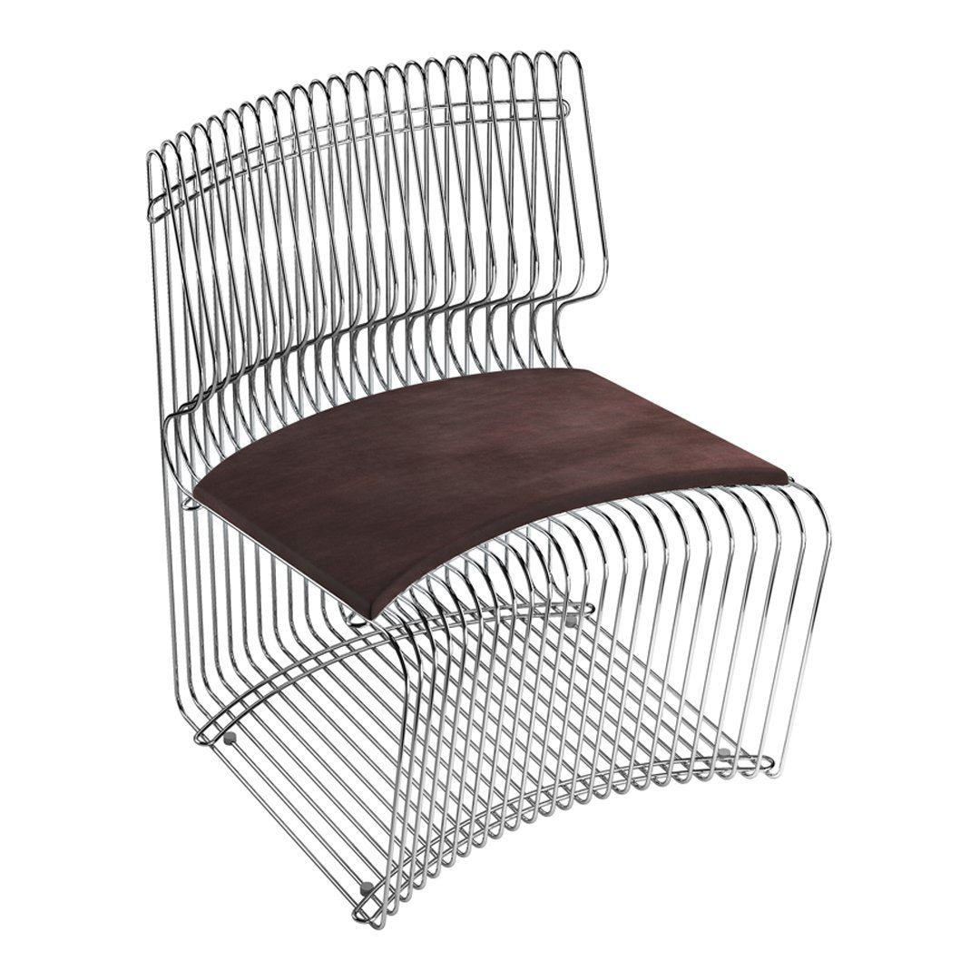 Stylish wire chair with a sleek silver finish and contrasting dark brown seat cushion. Modern and minimalist design.