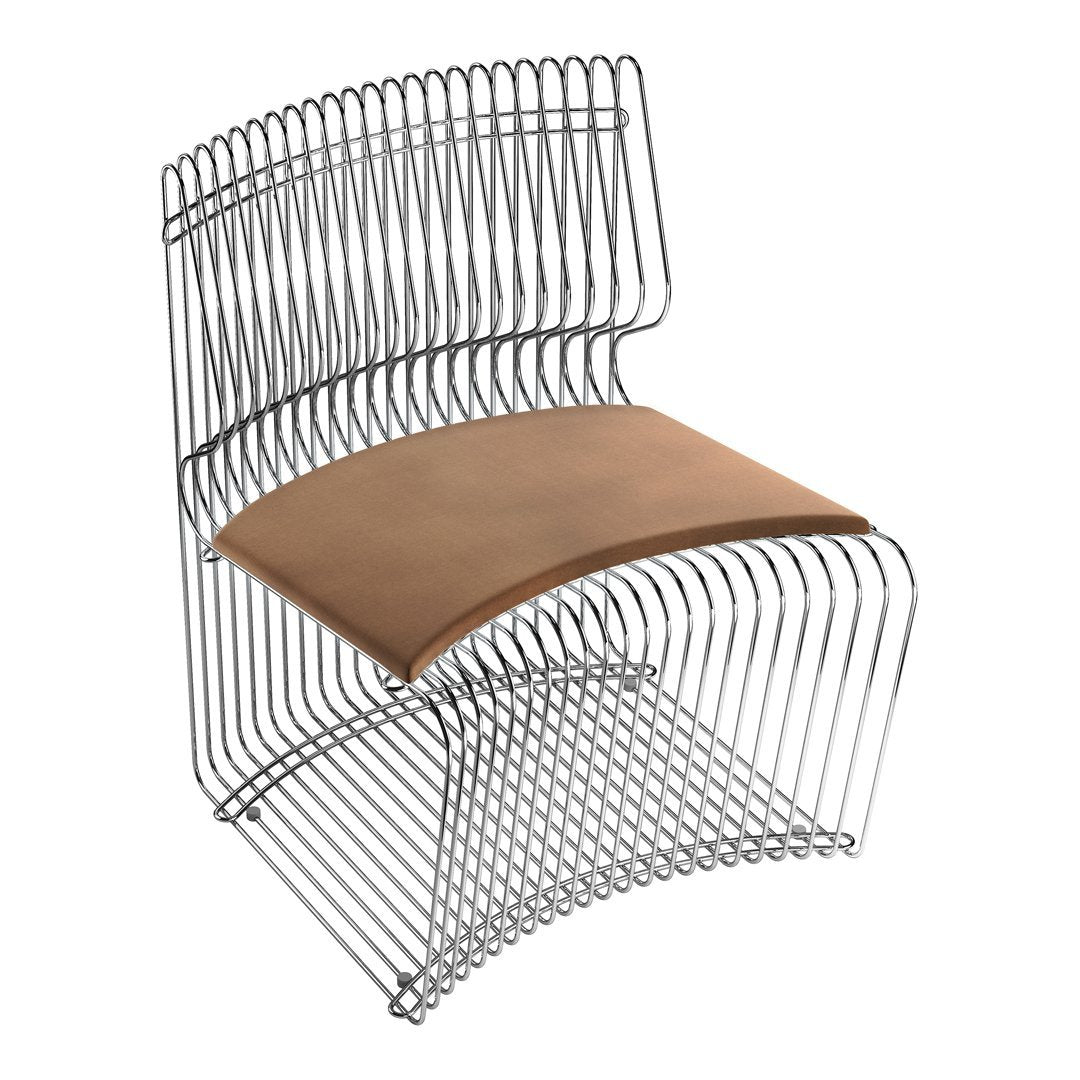 Stylish wire chair with a sleek metal frame and a warm, tan leather seat. Modern design complements any decor.