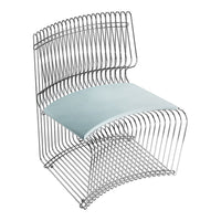 Chic wire chair with sleek silver finish and soft blue cushion, featuring a modern, curved design and intricate patterns.