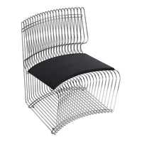 Modern wire chair with sleek silver lines and a contrasting black cushion. Stylish, minimalist design perfect for any space.