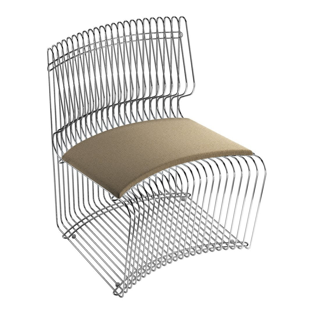 Metallic wire chair with a curved design and a neutral beige cushion, showcasing modern minimalistic patterns.