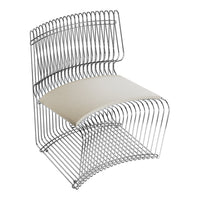 Modern wire chair with a sleek silver finish and a soft cream seat cushion. Stylish and minimalist design.