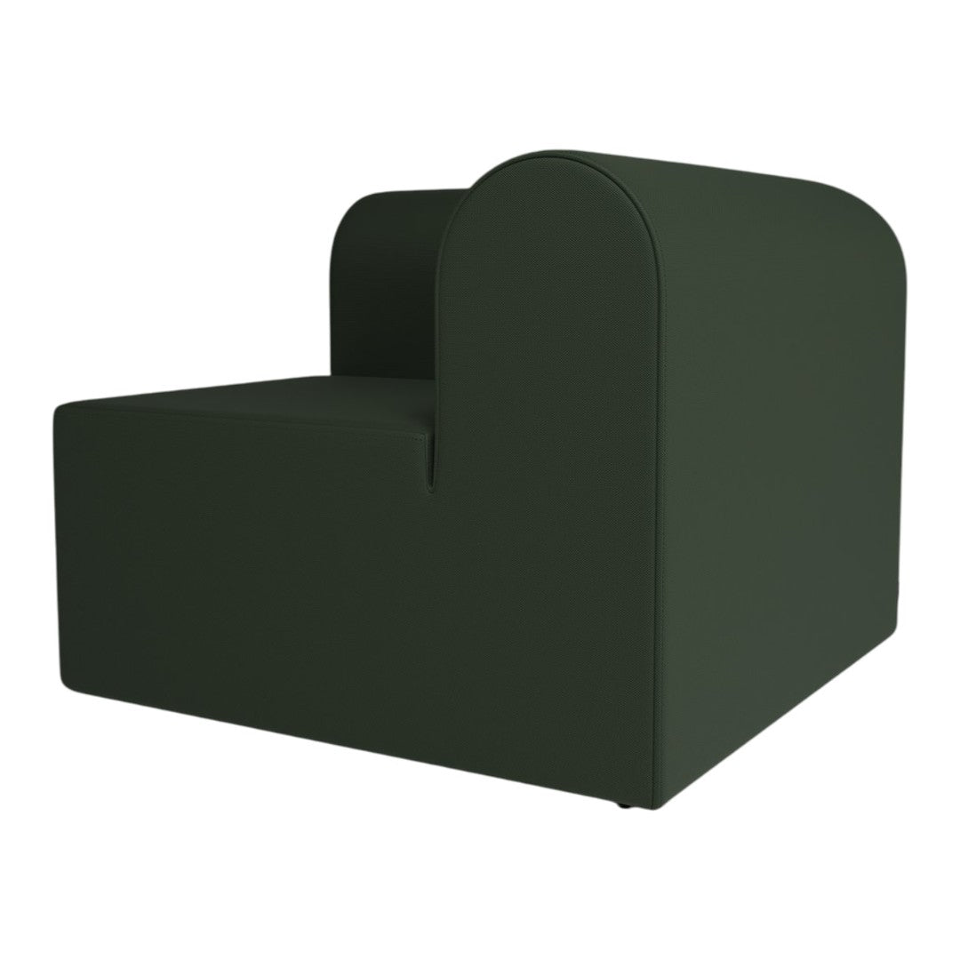 Green upholstered armchair with a sleek, modern design and rounded edges, perfect for contemporary interiors.