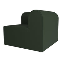 Green upholstered armchair with a sleek, modern design and rounded edges, perfect for contemporary interiors.