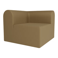 Brown upholstered armchair with a smooth, matte finish and modern, minimalist design.