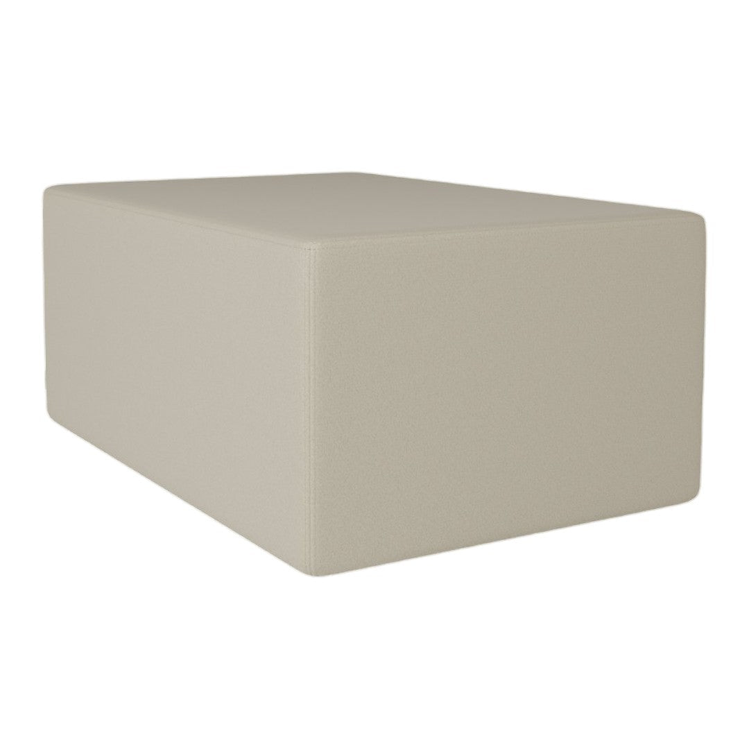 Beige rectangular ottoman with a smooth, solid fabric texture. Modern minimalist design for versatile decor.