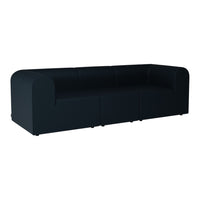 Sleek black upholstered sofa with minimalistic design and smooth texture, perfect for modern living spaces.