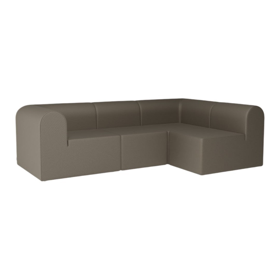 "Modern L-shaped sofa in a warm taupe color with a smooth, textured fabric finish."