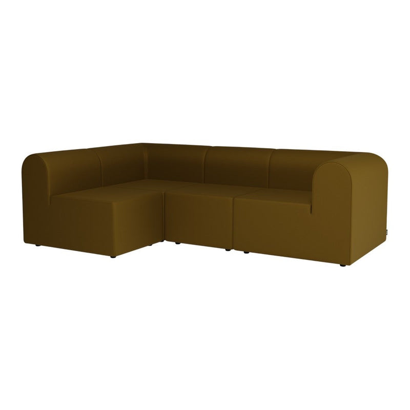 Brown L-shaped sectional sofa with smooth upholstery and rounded arms, ideal for modern living spaces.