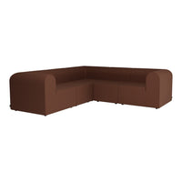 Brown textured sectional sofa in a modern design, featuring curved arms and a block-style structure.