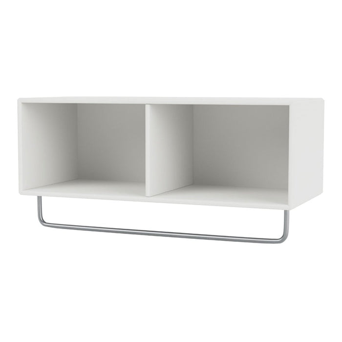 White wall shelf with a sleek design and minimalist aesthetic, featuring a silver metal support bar.