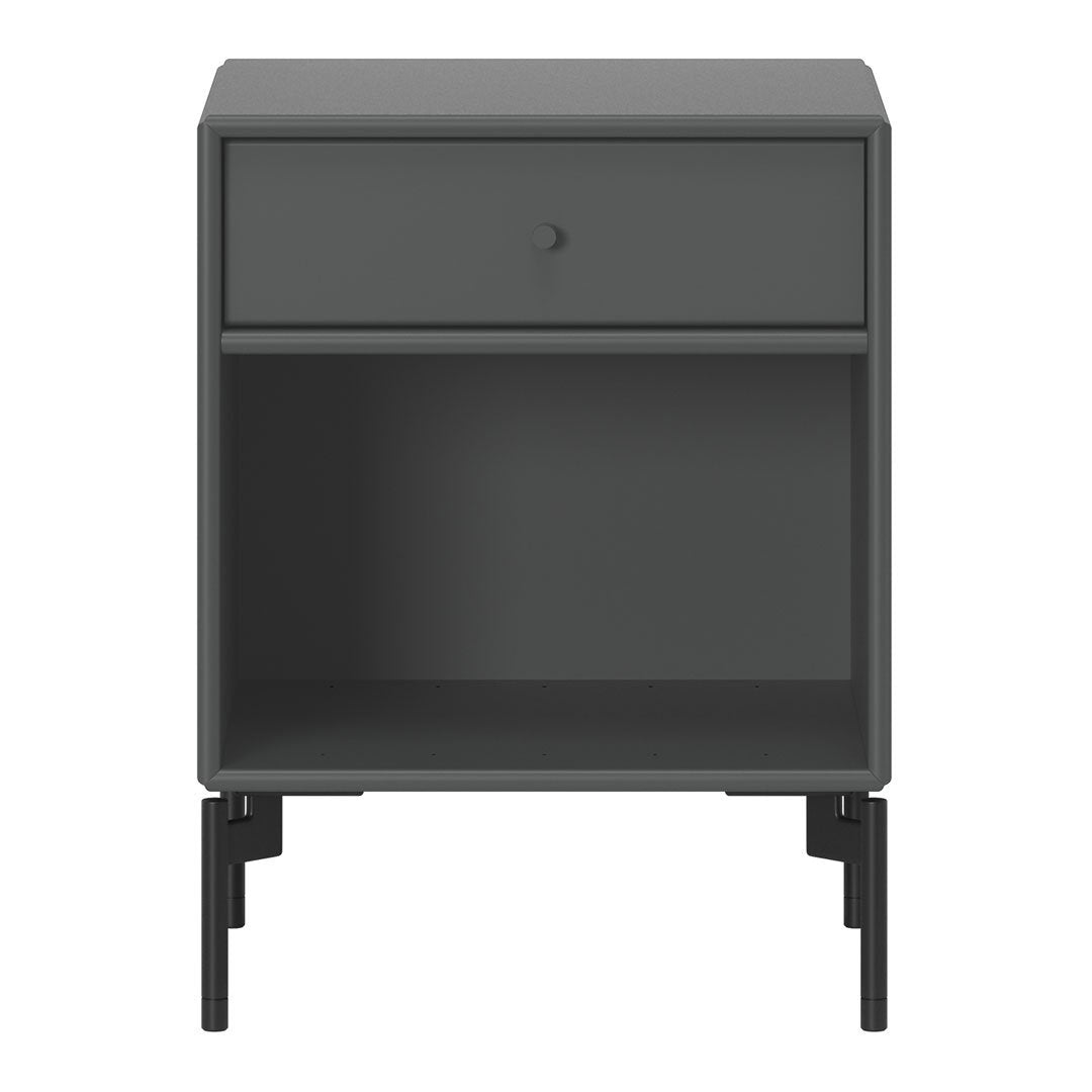 Gray nightstand with a minimalist design, featuring a single drawer and open shelf. Modern and sleek color palette.