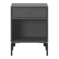 Gray nightstand with a minimalist design, featuring a single drawer and open shelf. Modern and sleek color palette.
