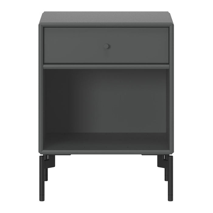 Gray nightstand with a minimalist design, featuring a single drawer and open shelf. Modern and sleek color palette.
