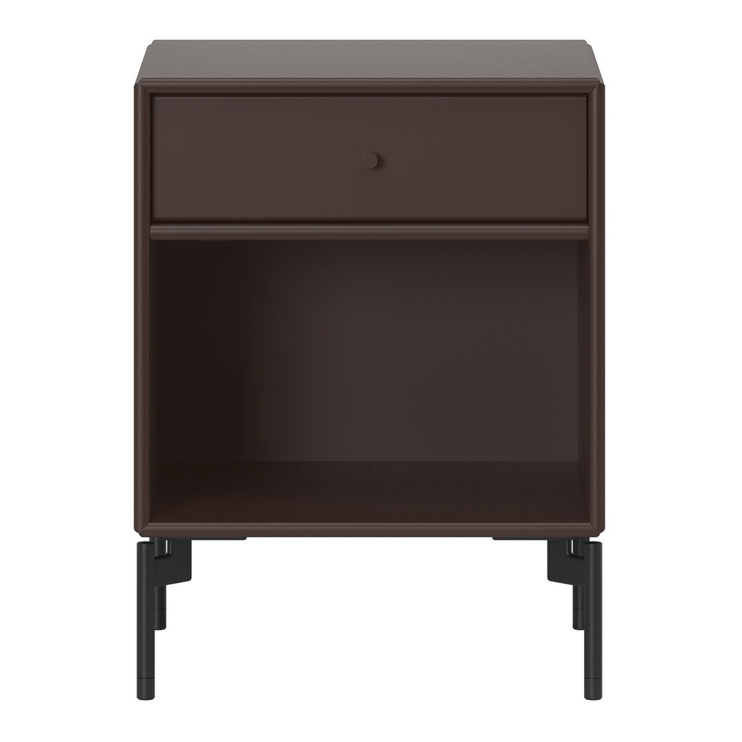 Brown nightstand with a sleek design, featuring a single drawer and open shelf, supported by black metal legs.