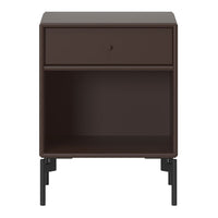 Brown nightstand with a sleek design, featuring a single drawer and open shelf, supported by black metal legs.