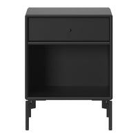 Sleek black nightstand with minimalist design, featuring a single drawer and open shelf for modern decor.