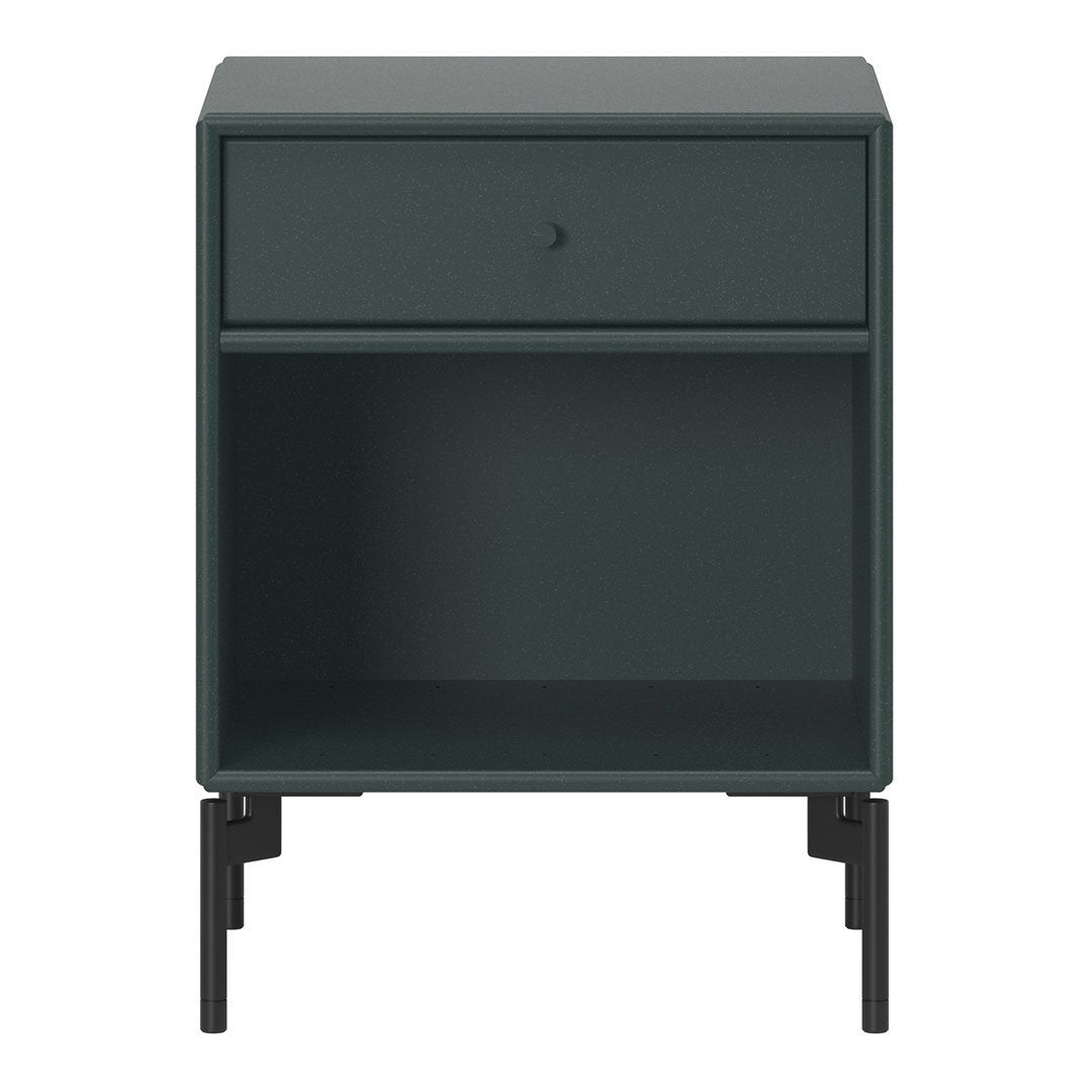 Dark green nightstand with a minimalistic design and textured finish, featuring a single drawer and black metal legs.