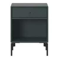 Dark green nightstand with a minimalistic design and textured finish, featuring a single drawer and black metal legs.