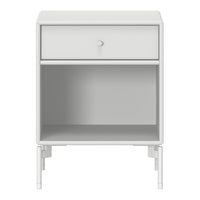Modern white nightstand with clean lines, featuring a smooth surface and a minimalist design, perfect for any decor.