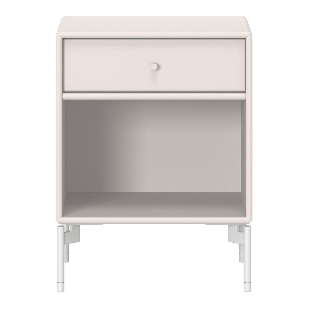Light beige nightstand with a smooth finish and minimalist design, featuring a single drawer and open shelf.