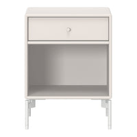 Light beige nightstand with a smooth finish and minimalist design, featuring a single drawer and open shelf.
