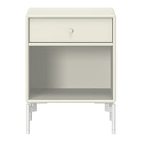 Minimalist white bedside table with a single drawer and open shelf. Smooth, modern finish and clean lines.