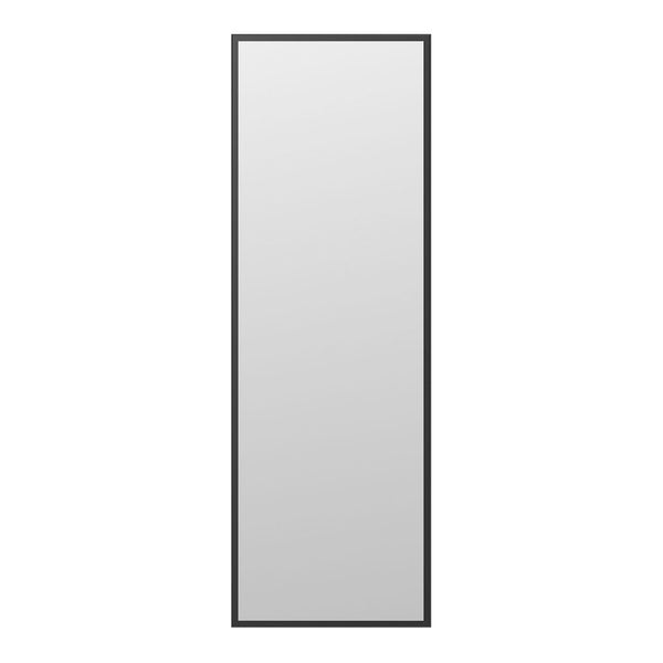 Vertical mirror with a sleek black frame and reflective glass surface, designed for modern decor.