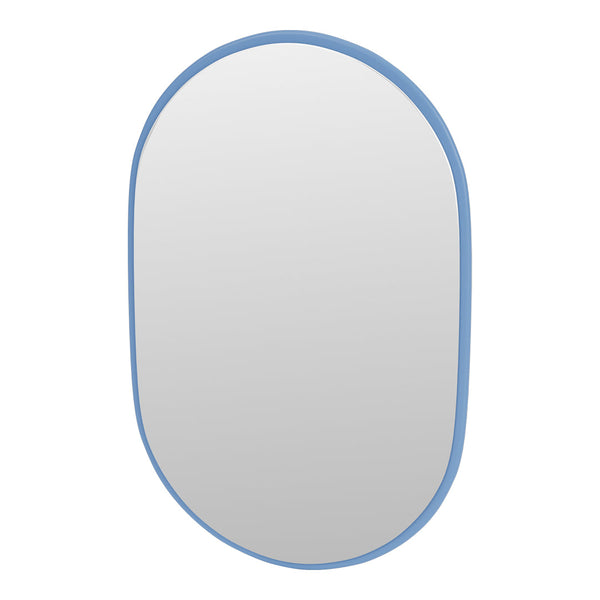 Oval mirror with a soft blue frame, featuring a sleek, minimalist design and reflective surface. Perfect for modern decor.