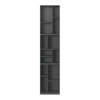 Tall, modern bookshelf in dark gray with a geometric pattern of open and closed shelves.