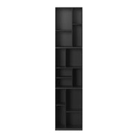 Black multi-compartment bookshelf with a sleek modern design and geometric pattern. Perfect for storage and display.