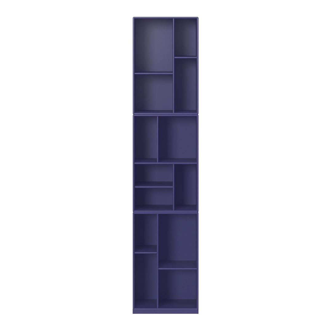 Navy blue tall shelving unit with geometric cutouts, featuring varied compartment sizes and clean lines.