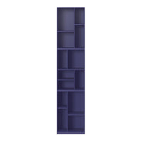 Navy blue tall shelving unit with geometric cutouts, featuring varied compartment sizes and clean lines.