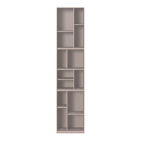 Tall storage shelf in soft beige with geometric open compartments and a modern design. Ideal for home or office organization.