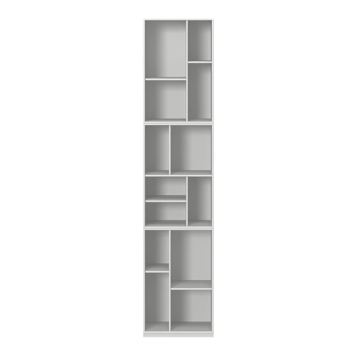 Modern white bookshelf with multiple compartments and a sleek, minimalist design.