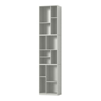 Tall white bookshelf with a minimalist design, featuring multiple open shelves and smooth surfaces.