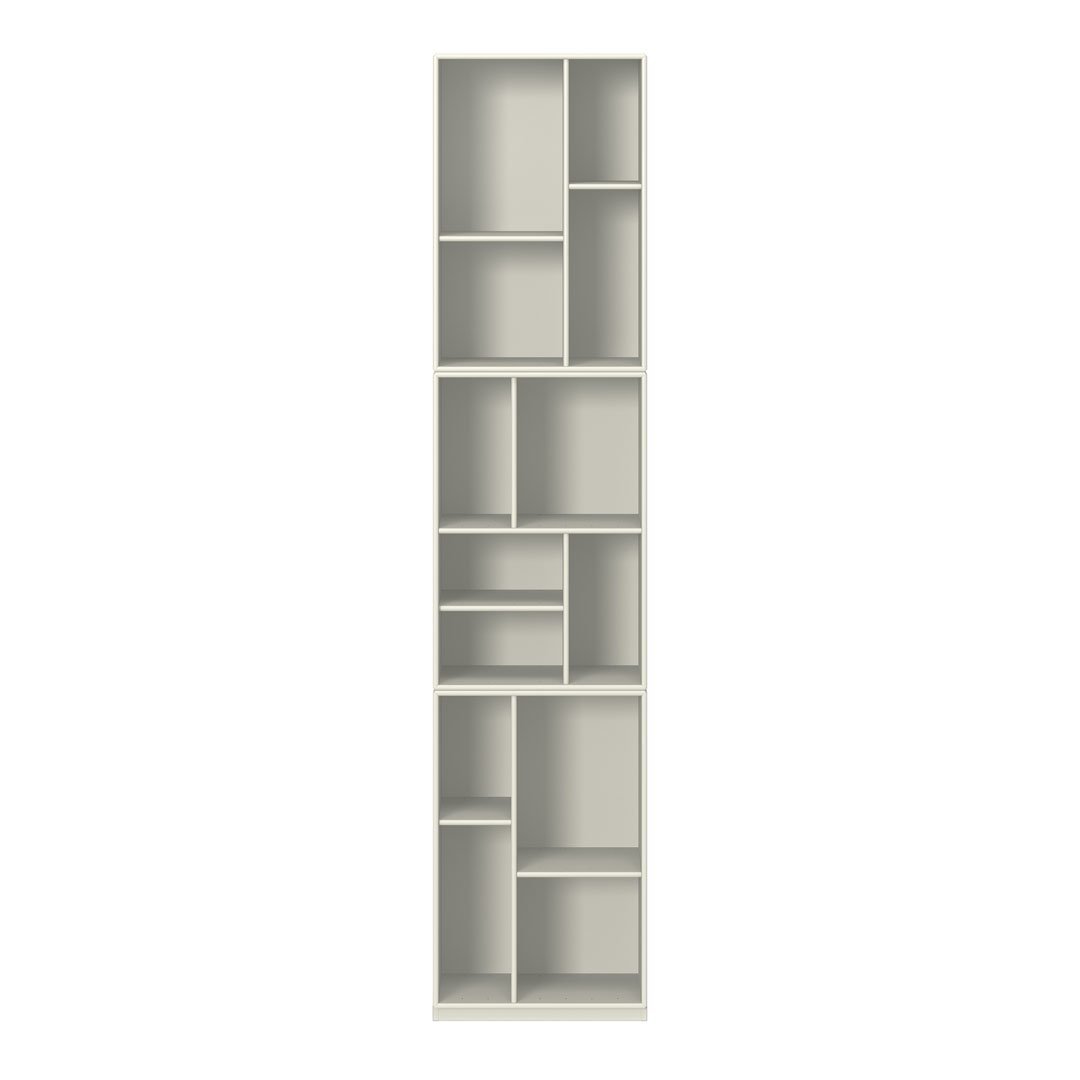 Modern tall bookshelf in soft gray with geometric open shelves and a clean, minimalist design. Ideal for any space.