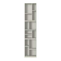 Modern tall bookshelf in soft gray with geometric open shelves and a clean, minimalist design. Ideal for any space.