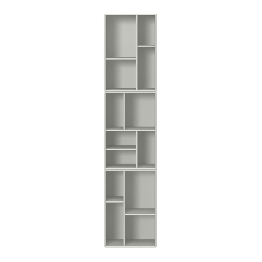 Tall, modern bookshelf with a sleek light gray finish and a geometric pattern of open shelves. Ideal for stylish organization.