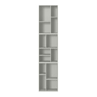 Tall, modern bookshelf with a sleek light gray finish and a geometric pattern of open shelves. Ideal for stylish organization.
