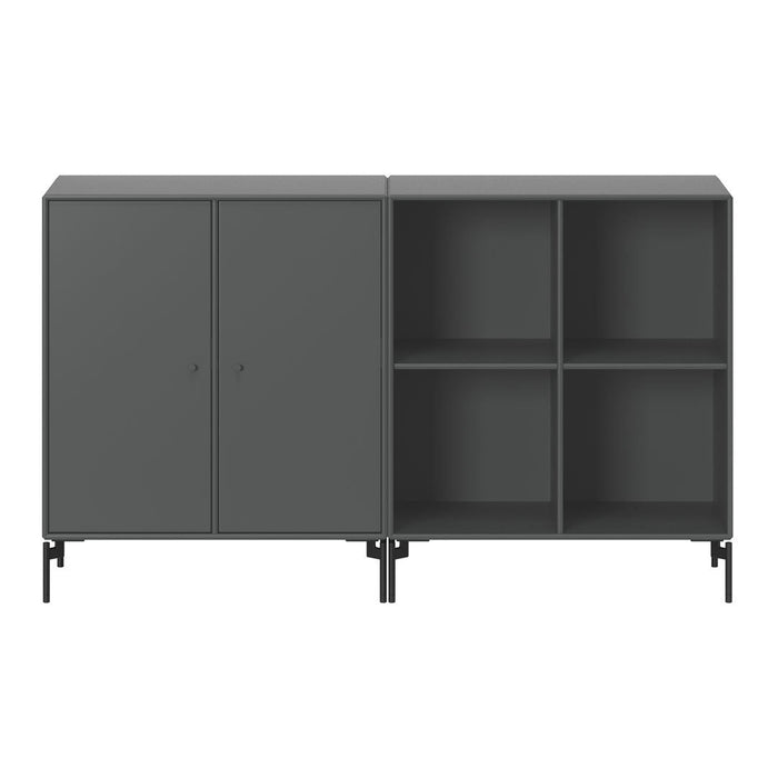Gray two-door cabinet with sleek design, featuring solid gray shelves and polished black legs for a modern look.