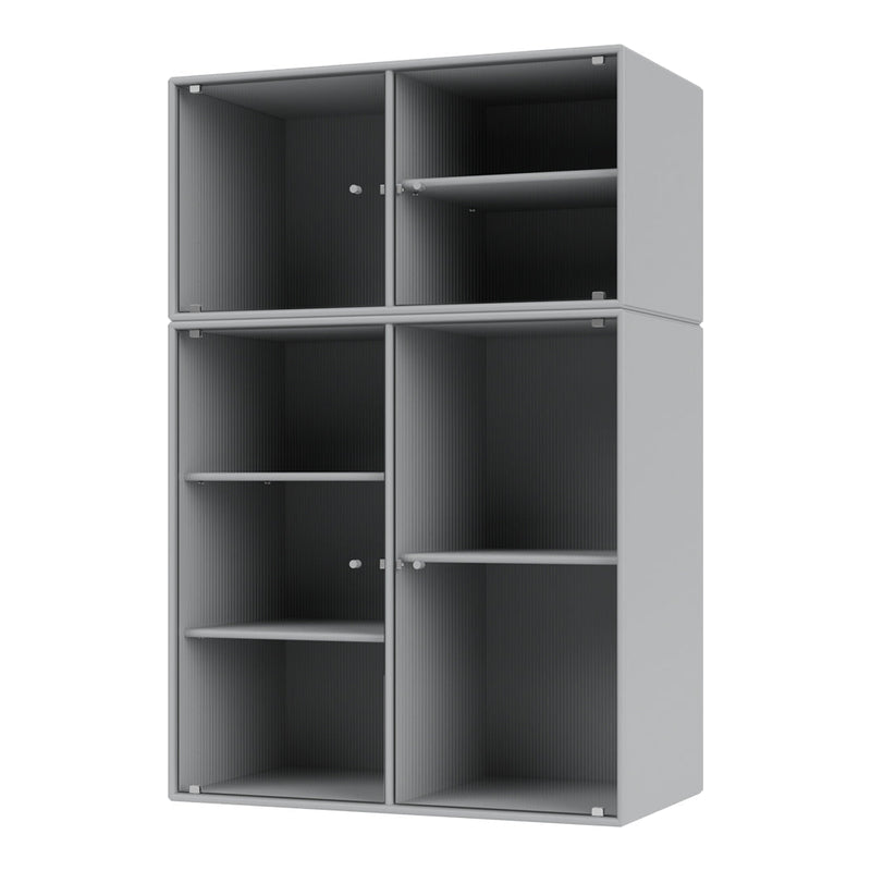 Stylish gray shelving unit with vertical ribbed pattern and multiple compartments for storage.