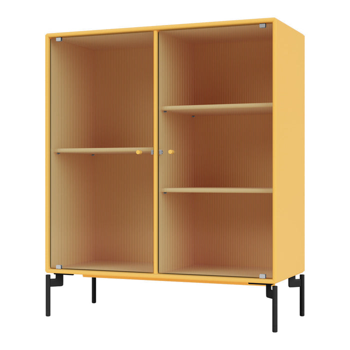 Yellow ribbed cabinet with black metal legs and handles, featuring open shelving for stylish storage solutions.